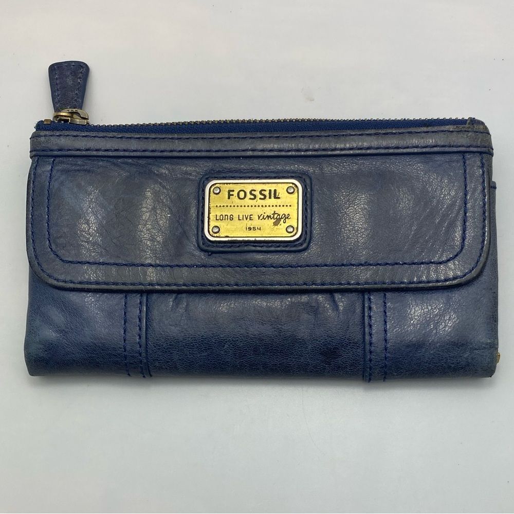 Fossil Blue Leather Wallet Long Live Vintage Clutch Organizer ID Card Holder - Picture 1 of 10